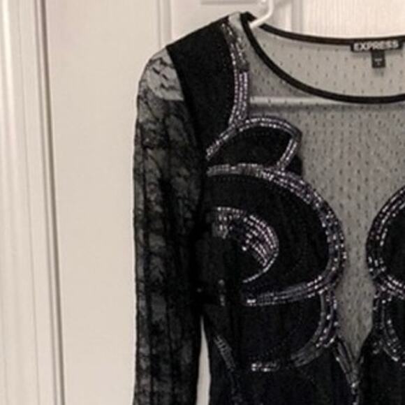 Express sexy black sequin sheer lace long sleeve dress sz2 backless dress NWOT - Picture 5 of 12